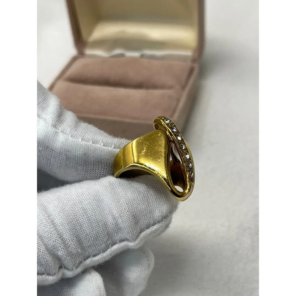 Vintage Gold Tone Sculptural Bypass Statement Ring Crystal Accents Size 4.5